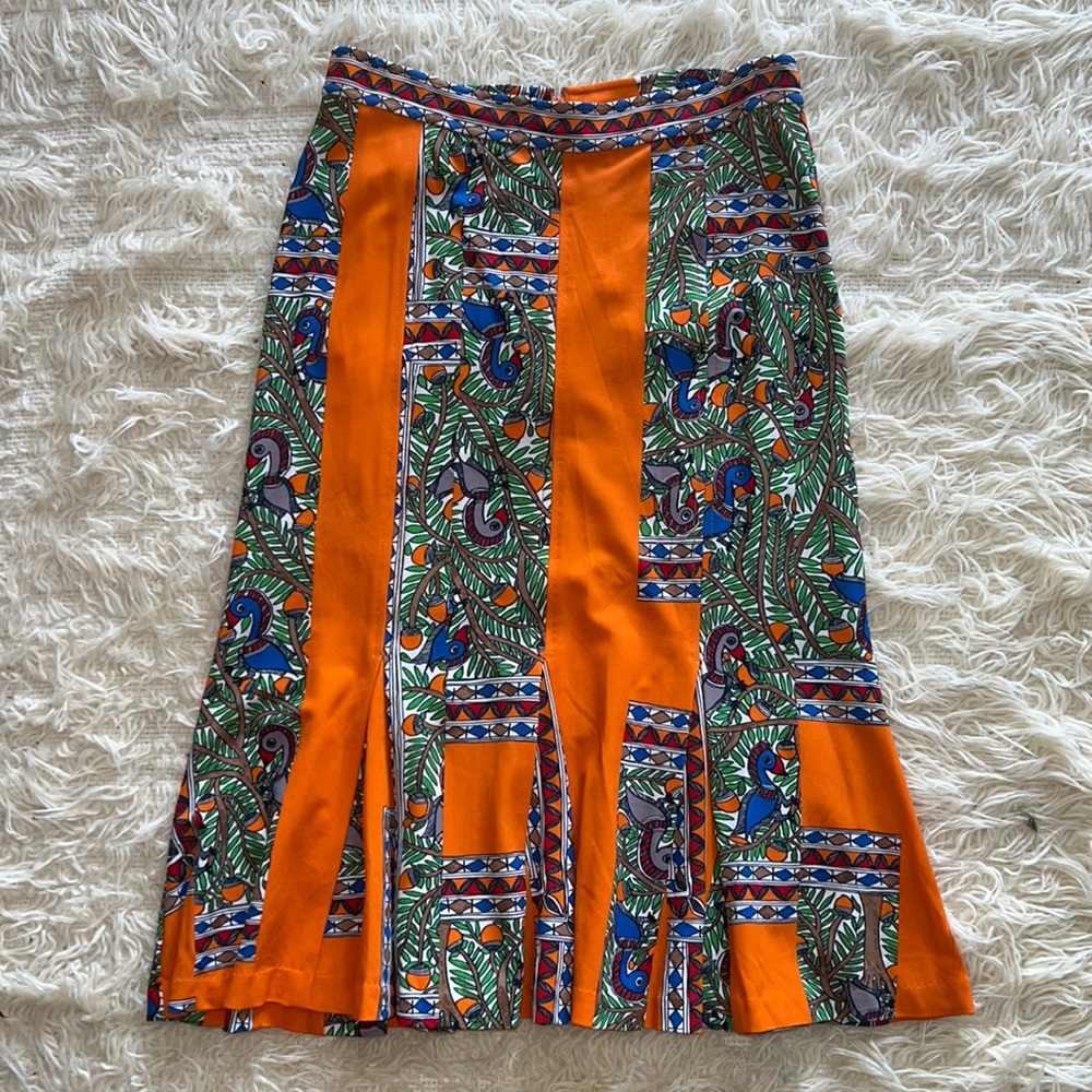 Tory Burch Orange Bird Printed Knee Length Skirt